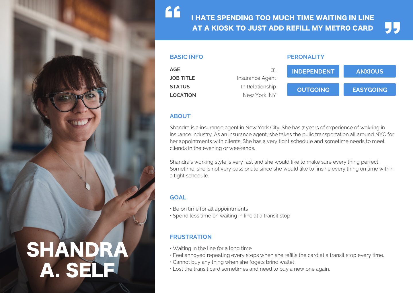 Persona card for Shandra, a daily commuter frustrated by kiosk lines