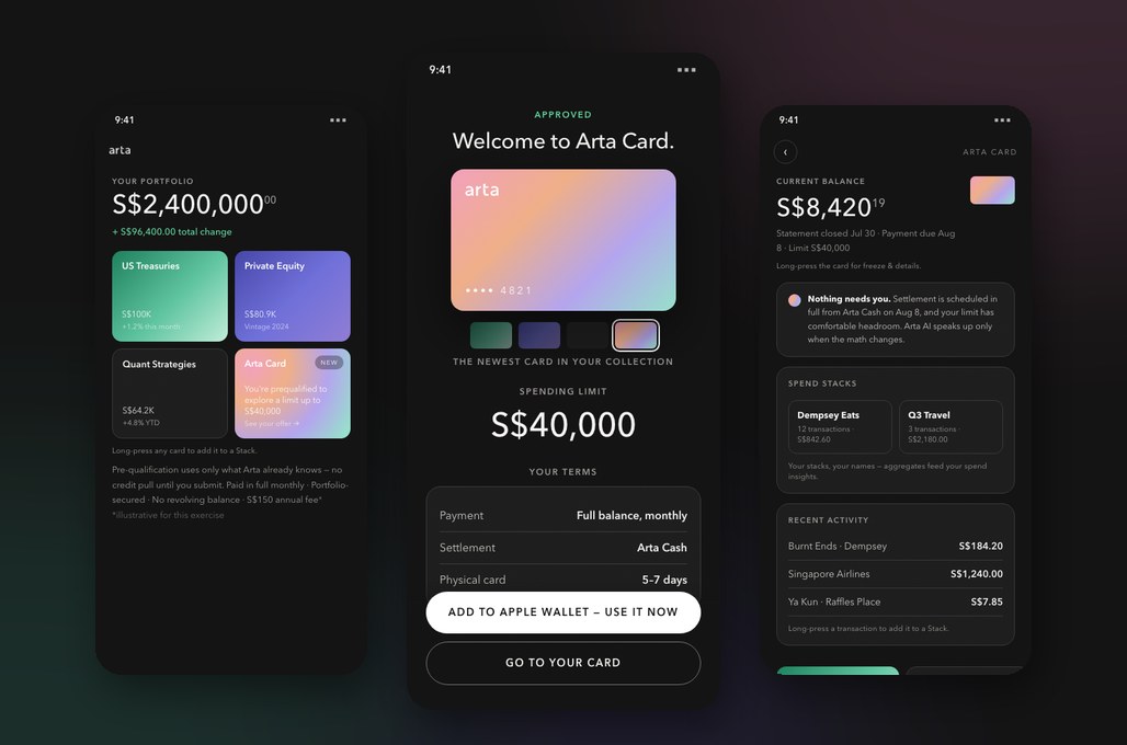 Arta Card design exercise — dark hub page linking to live prototypes, design system and white-label demo
