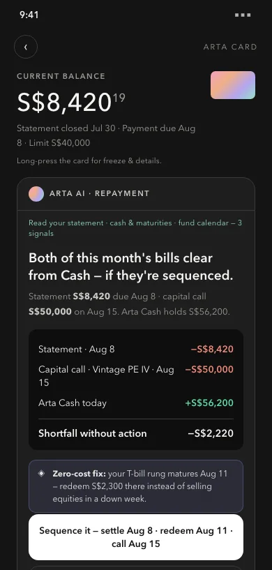 Card home in the intervene AI state — repayment math sequenced before it becomes a problem