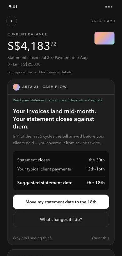 Card home in the nudge AI state — cash-flow insight with one actionable suggestion