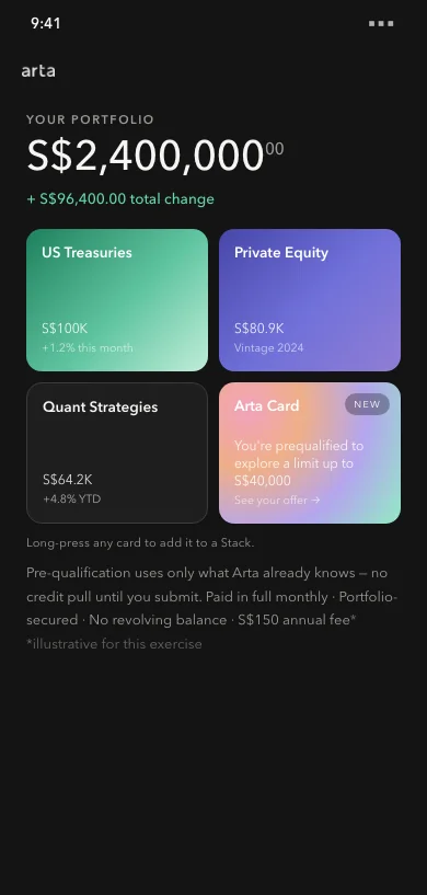 Arta portfolio home with a pre-qualified Arta Card offer among the member's holdings