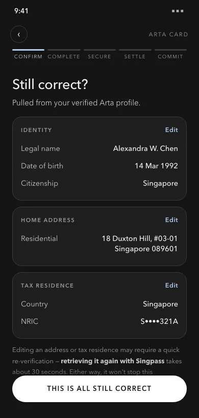Application screen confirming identity, address and tax residence pulled from the verified Arta profile