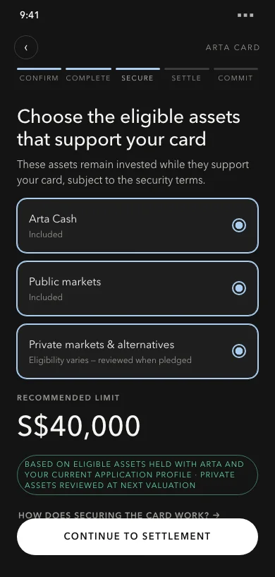 Pledge screen choosing eligible assets, with the recommended limit computed transparently