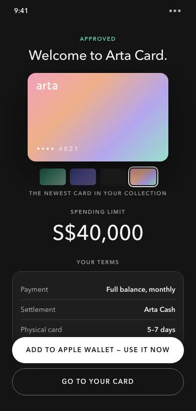 Approval screen — Welcome to Arta Card, with card, spending limit and terms