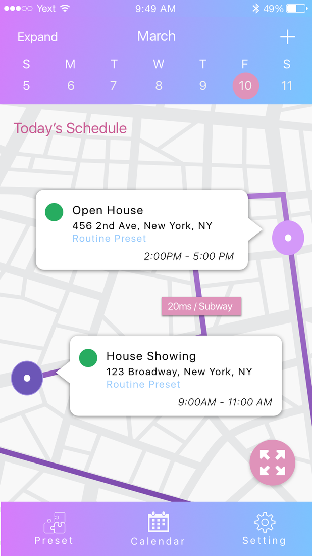 Route view zoomed in: two events with time cards connected by a route with a 20 minute subway leg