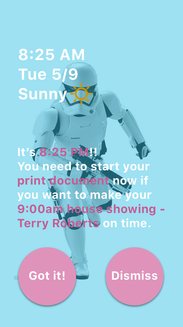 Routine notification screen telling the user when to depart