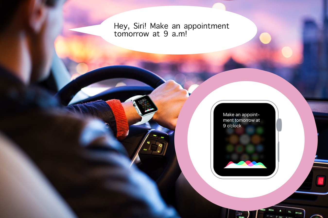 Driver wearing a smartwatch creating a calendar event by voice while driving
