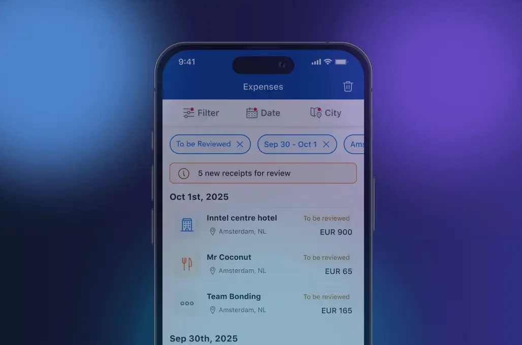 Booking.com for Business app — animated preview of the expense screen