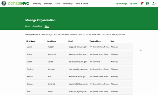Manage Organization screen with staff roles and store assignments