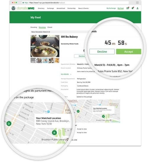Food donation matching screen with countdown timer and accept/decline actions