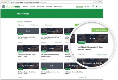 Exchange listing cards with status and deadlines