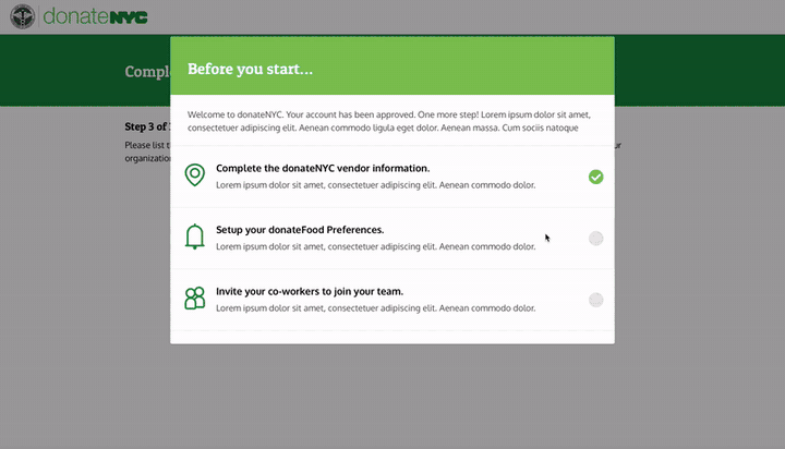 Onboarding checklist modal guiding a new organization through vendor info, preferences, and inviting co-workers