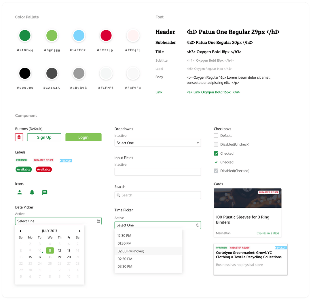 donateNYC design style guide with color palette, typography and components