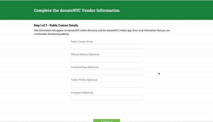 Three-step vendor information wizard collecting public contact details