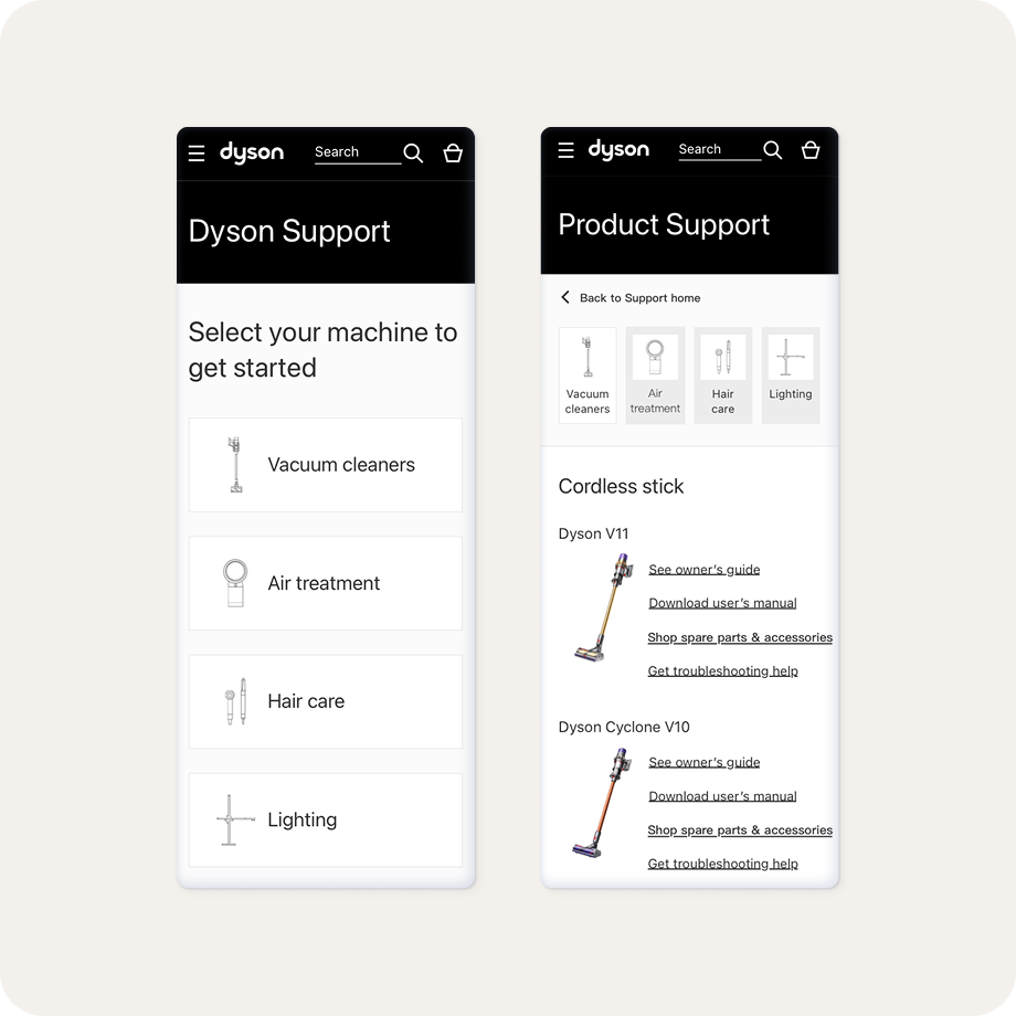 Option B mockups — product-first range level navigation