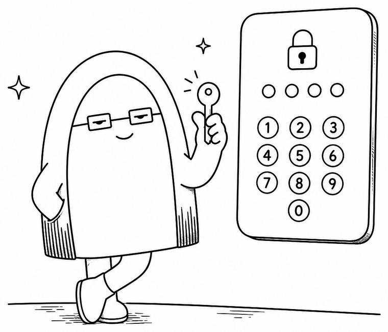 Illustrated character holding a key beside a passcode keypad