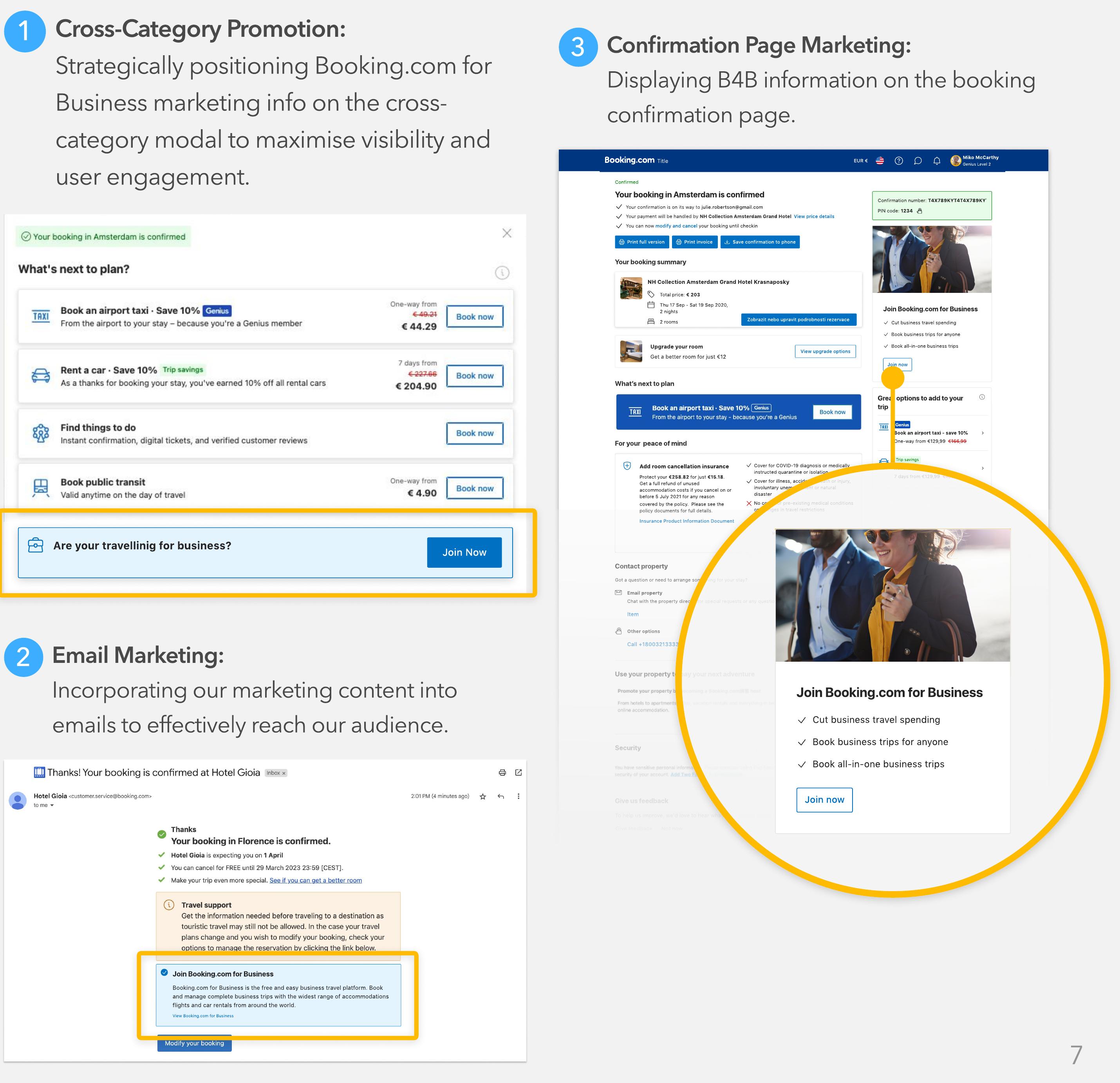 Three candidate channels: cross-category promotion modal, email marketing, and confirmation page marketing with the B4B card highlighted