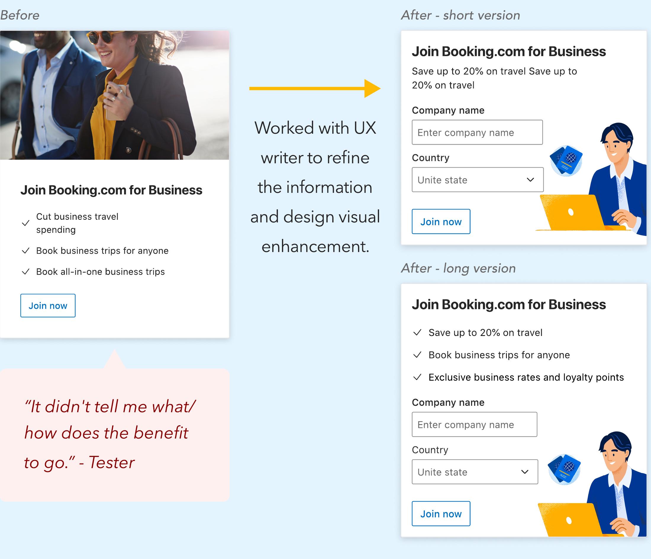 Before and after of the promotion card copy, refined with the UX writer into short and long versions