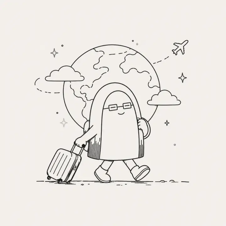 Line-art character walking with a suitcase in front of a globe, with a plane flying by and sparkles twinkling